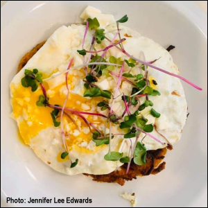 Photo of feta squash fritter and egg with micro greens by Jennifer Lee Edwards, from Facebook.