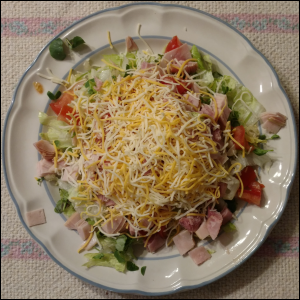 A cool chef salad with buckwheat, speckled pea, arugula, and broccoli microgreens. Yum!