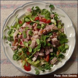 Vicki's smaller chef salad with Speckled Pea and Sunflower microgreens. Yum!