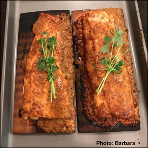 Photo of grilled cedar planked salmon with mustard, honey, vinegar sauce and garnished with speckled pea microgreens.