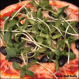 Sunshine Pizza: gluten-free cauliflower crust, dairy-free vegan cheese, black olives, and locally grown sunflower micro-greens! (Add greens after pizza is baked!) Photo: Beth Busby.