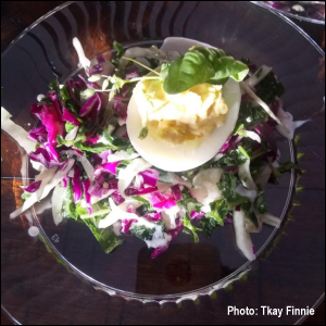 Course 1: Garden harvest salad topped with deviled egg and creamy herbed vinaigrette dressing -- and a radish microgreen.