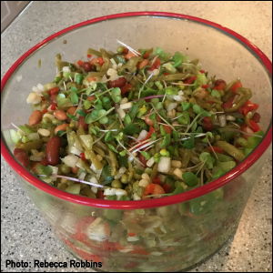 Three Bean Vegetable Salad with celery, green pepper, French green beans, peas, baby corn, kidney beans, pinto beans, chopped onion, jar of diced pimentos, simple dressing, and China Rose Radish microgreens. Photo: Rebecca Robbins.