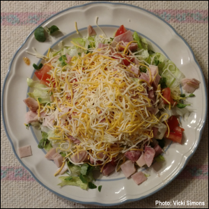 Chef salad with Buckwheat and Speckled Pea microgreens, topped with Colby Jack cheese. Photo by Vicki Simons.