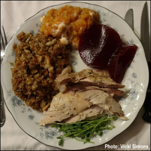 Microgreens were served as a garnish with this Thanksgiving turkey dinner.