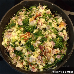 Speckled Pea microgreens mixed in after cooking scrambled eggs with ham. Photo: Vicki Simons