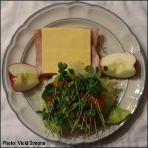 Ham, cheese and Speckled Pea microgreens sandwich with lettuce and tomato -- and half-apple on the side. Photo by Vicki Simons.