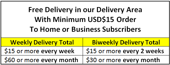 Free Delivery to Subscribers in our Delivery Area With Minimum USD$20 Order