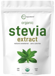 Organic Stevia Extract natural sweetener - zero calories, GMO free, USDA Organic, sugar free - front panel view